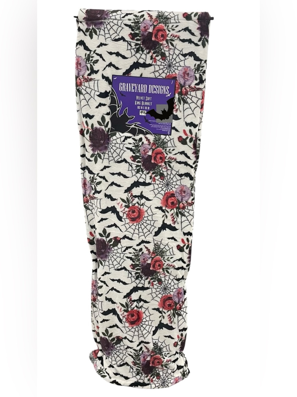 Halloween King Blanket White Black Red Purple Bats Roses Spider Webs Floral NWT - Picture 2 of 3